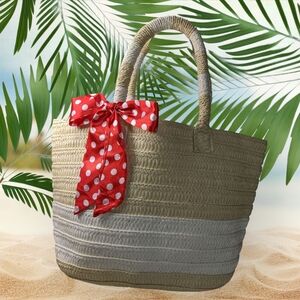 ALTRU Tan & White Woven Raffia Tote With Red Polkadot Scarf, Like-New Condition